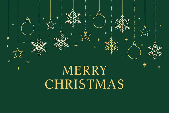 Festive Gold Border. Line art stars and snowflakes are suspended alongside Christmas baubles, forming a cohesive decorative border. The central message is framed by these elements,