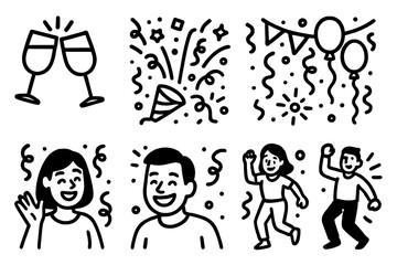 Festive Celebration Icons. Cheerful Gathering linear icon set. clinking glasses, confetti burst, party decor, balloons, smiling people, streamers, dance moves, vibrant light