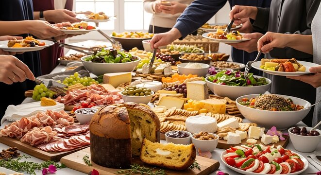 People serving themselves from a large buffet table filled with various foods and appetizers at a gathering