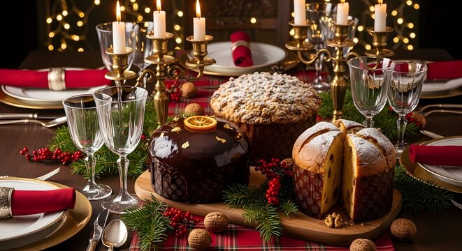 Festive christmas table setting with cakes, panettone, candles and elegant tableware creating a warm ambiance