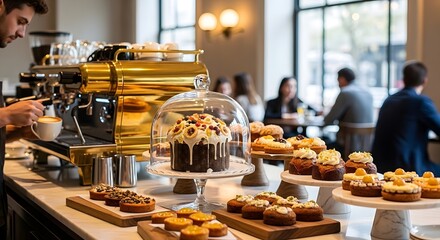 A bakery display featuring a barista preparing coffee and various pastries on display stands and boards