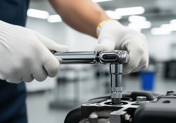 Skilled mechanic hands in white gloves operating torque wrench on engine assembly