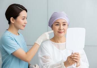 Asian doctor consults senior woman on facial aesthetics with mirror