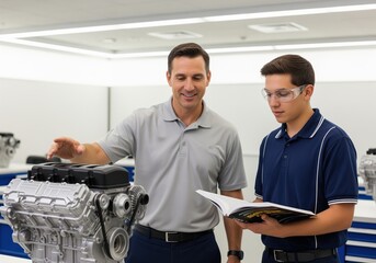Automotive instructor teaching young student about car engine mechanics in a workshop