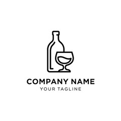 Minimalist wine bottle and glass line art logo design.