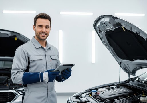 Professional male mechanic in uniform holding tablet in modern car service station
