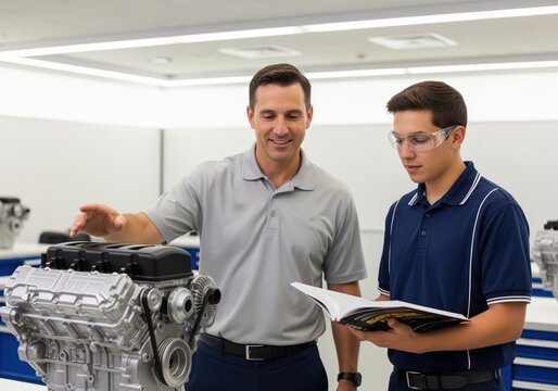Automotive instructor teaching young student about car engine mechanics in a workshop