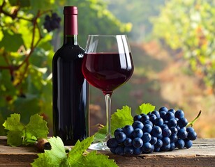 Bottle and glass of ruby-red wine next to grapes on a wooden surface in a vineyard