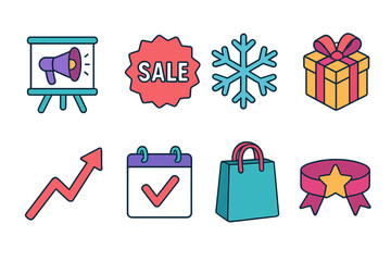 Seasonal Marketing Icons. Seasonal Marketing Strategy flat icons set. campaign board, sale badge, snowflake, gift symbol, upward trend, calendar mark, shopping icon, festive ribbon