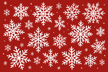 Delicate Snowflake Dance. Array of delicate, white paper-cut snowflakes drift gracefully across a rich red background, evoking a sense of winter wonder. Each snowflake is uniquely