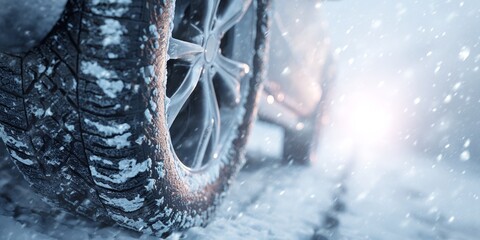 Winter tire close-up in heavy snowfall