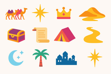Modern Magi Symbols. Journey of the Magi flat icons set. camel caravan, bright star, crown, desert hill, gift chest, scroll, tent, sand path, moonlight, palm tree, city silhouette