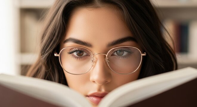 Close-up of a woman reading a book with glasses in a library.