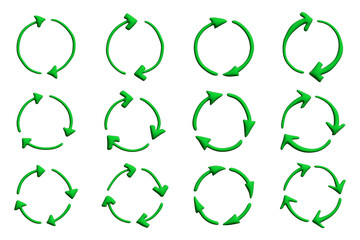 Set of 3d recycle arrow icon Recycling resources symbol Reuse of materials, zero waste, green environment, saving the planet