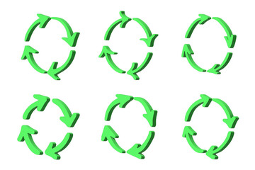 Set of 3d recycle arrow icon Recycling resources symbol Reuse of materials, zero waste, green environment, saving the planet