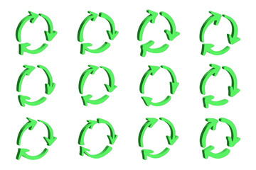 Set of 3d recycle arrow icon Recycling resources symbol Reuse of materials, zero waste, green environment, saving the planet