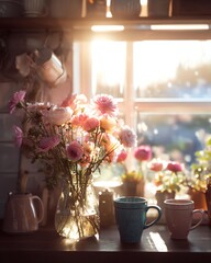 Cozy Morning with Sunlit Flowers by the Kitchen Window