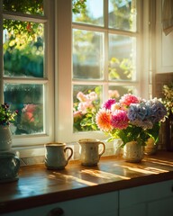 Sunlit Kitchen Window with Floral Arrangement and Ceramic Mugs