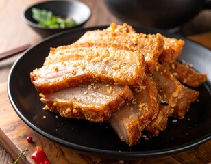 Crispy pork belly slices stacked on a black plate, with garnish