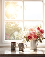 Serene Morning with Flowers by the Window and Coffee Mugs