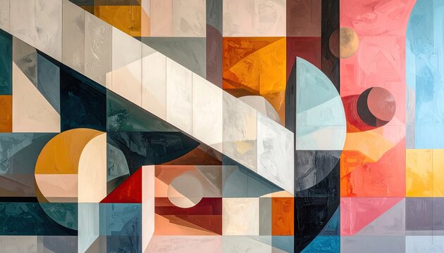 Abstract geometric composition with pastel and earth tone colors creating a playful and artistic mosaic pattern with angular shapes and circular elements