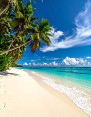 Obraz premium Tropical paradise scene featuring a pristine white sandy beach, turquoise waters, lush palm trees, and a clear blue sky