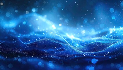 Abstract glowing blue waves of light particles form an ethereal cosmic landscape with bokeh effects and light streaks