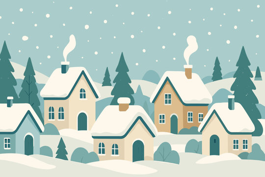 Winter Wonderland Village. Snowy winter scene featuring a quaint village with small cottages and snow-covered roofs. Pine trees dot the landscape, and gentle snowfall creates a - Powered by Adobe
