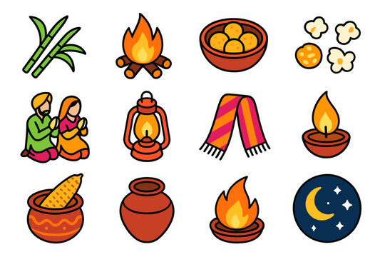 Lohri Festival Icons. Lohri Sugarcane Offering flat icons set. sugarcane stalks, blazing bonfire, earthen bowl of sweets, popcorn kernels, sesame treats, villagers praying, glowing