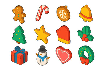 Festive Icon Collection. Holiday Treats flat icons set. gingerbread man, candy cane, snowflake cookie, bell, tree, star, mitten, holly leaf, wrapped gift, snowman, icing heart