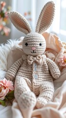 Crocheted bunny doll in a ruffled onesie posed with pastel flowers and soft textures