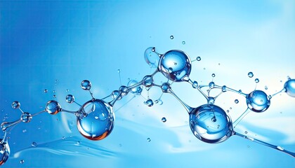 Abstract molecular structure visualization with clear water droplets suspended against a vibrant blue gradient background with dynamic fluid motion and scattered splashes