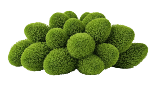 Pile of green mossy rocks transparent background cutout png