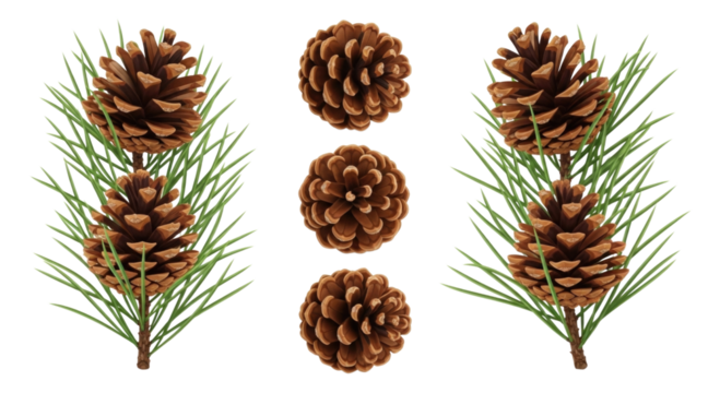 Pine cones and needles arrangement transparent background cutout png
