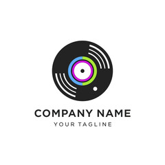 Vinyl record logo design with colorful center and company name below.