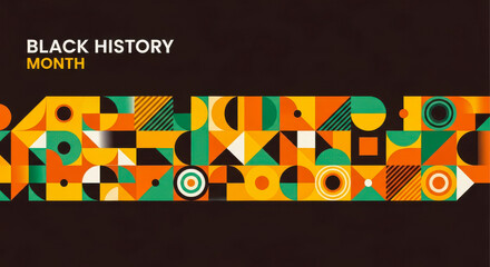 Abstract geometric banner design celebrating black history month with vibrant colors like orange, green, and yellow on a dark background