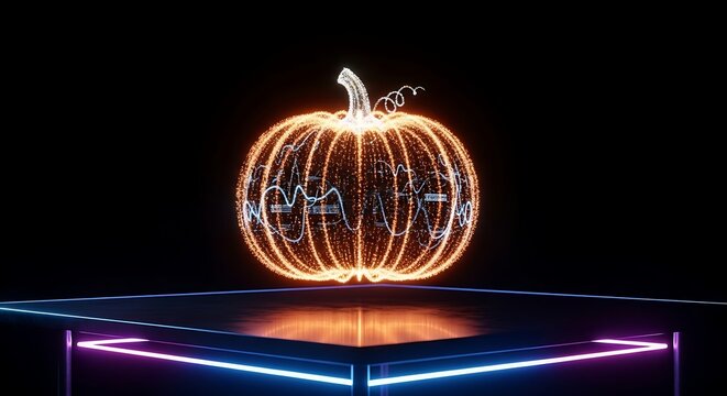 Glowing digital pumpkin with waveform design on a neon platform against a dark background display