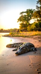 Crocodile rests on a sandy bank illuminated by the setting sun