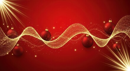 Elegant festive christmas background with red ornaments and golden glitters waves design