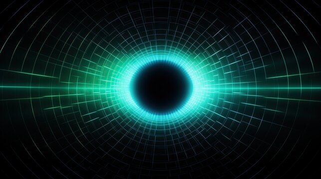 Abstract background with glowing blue and green lines on black background forming shape of abstract portal or wormhole with dark circle center