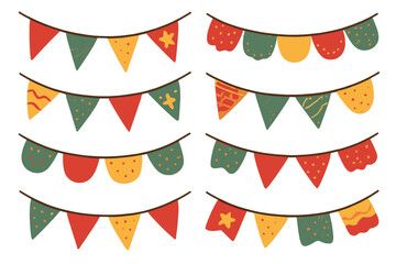 Festive Bunting Icons. Collection of bunting and garland icons, intricately designed with a mix of triangular and scalloped edges. Each piece is decorated with festive patterns and