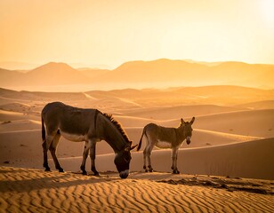Two Donkeys Sandy Desert With