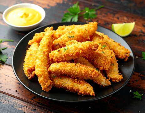 Crispy fried chicken tenders arranged on a black plate with a side of sauce and lime