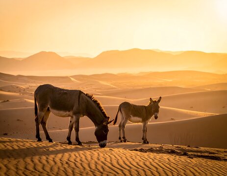Two donkeys in a sandy desert with dunes and mountains at sunset