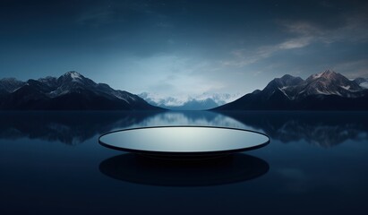 A minimalist circular podium on a reflective surface with mountains and moonlit sky backdrop, symbolizing simplicity in product display design.