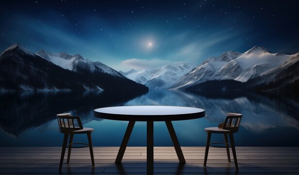 Serene night landscape with snow-capped mountains and a reflective lake behind a round table and two chairs on a wooden deck, ideal for interior design.