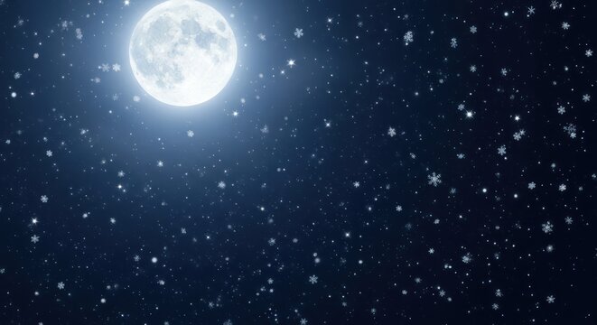Mystical Winter Night Scene with Full Moon and Falling Snowflakes Creating a Magical Atmosphere