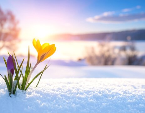 Crocus flowers breaking through the snow, lit by a warm, golden sunset