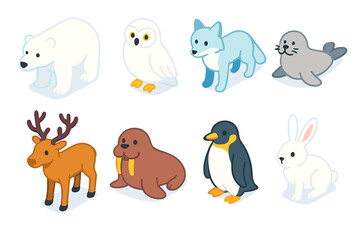 Arctic Animal Icons. Arctic Animal Set flat icons set. polar bear, snowy owl, arctic fox, seal, caribou, walrus, penguin, snow hare