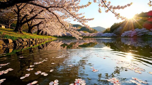 A tranquil pond scene featuring trees with delicate pink blossoms reflected in the calm water with fallen petals